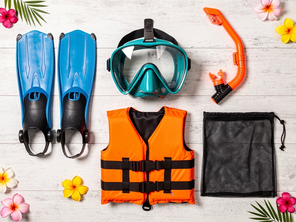 Perlengkapan snorkeling tersusun rapi siap dikirim